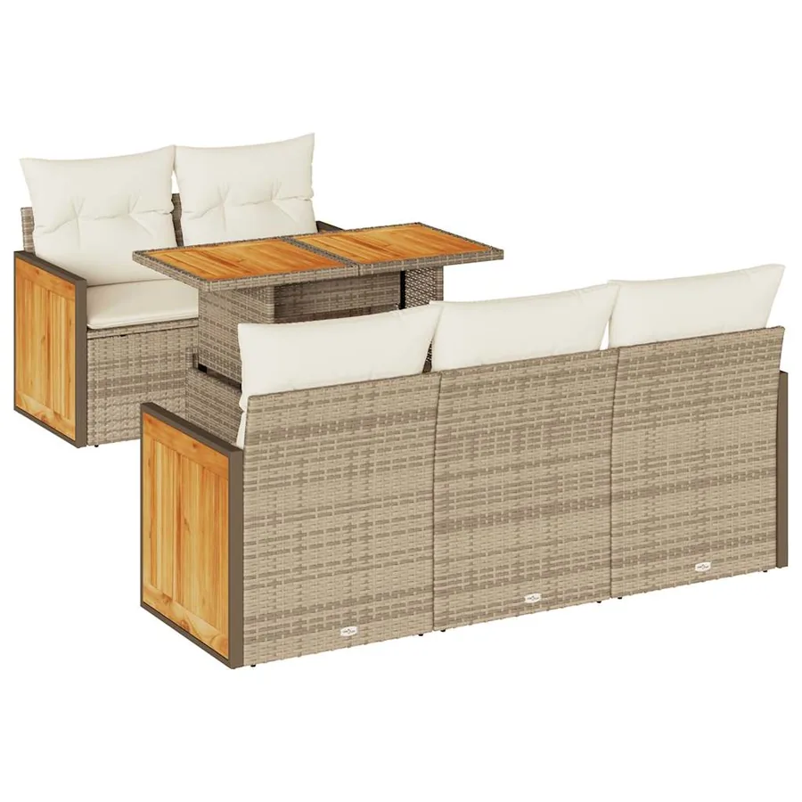 Salon de jardin 6 pcs avec coussins beige résine tressée acacia - 2