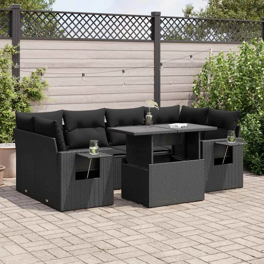 Salon de jardin 7 pcs avec coussins noir résine tressée 55 x 62 x 69 cm - 71,4 kg
