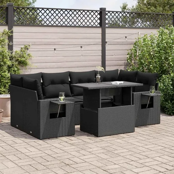 Salon de jardin 7 pcs avec coussins noir résine tressée 55 x 62 x 69 cm - 71,4 kg