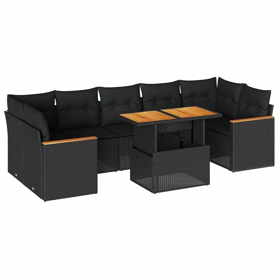 Salon de jardin avec coussins 8 pcs noir résine tressée acacia - 2