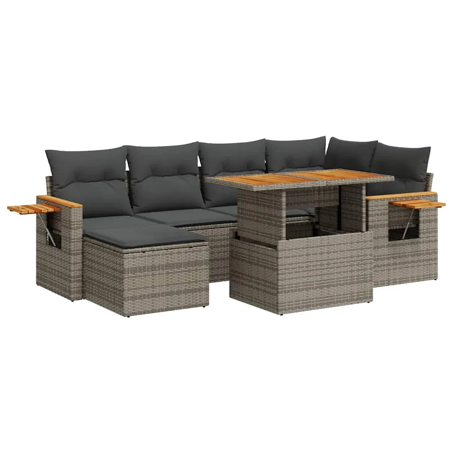 Salon de jardin avec coussins 7 pcs gris résine tressée acacia - 2