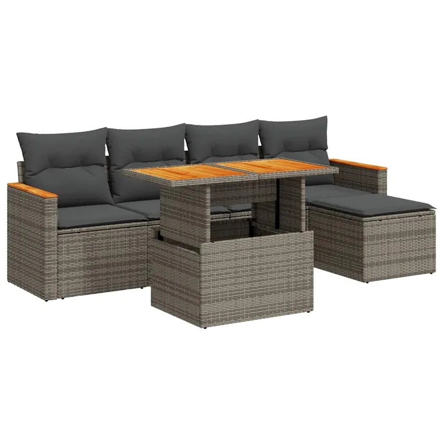 Salon de jardin avec coussins 6 pcs gris résine tressée acacia - 2