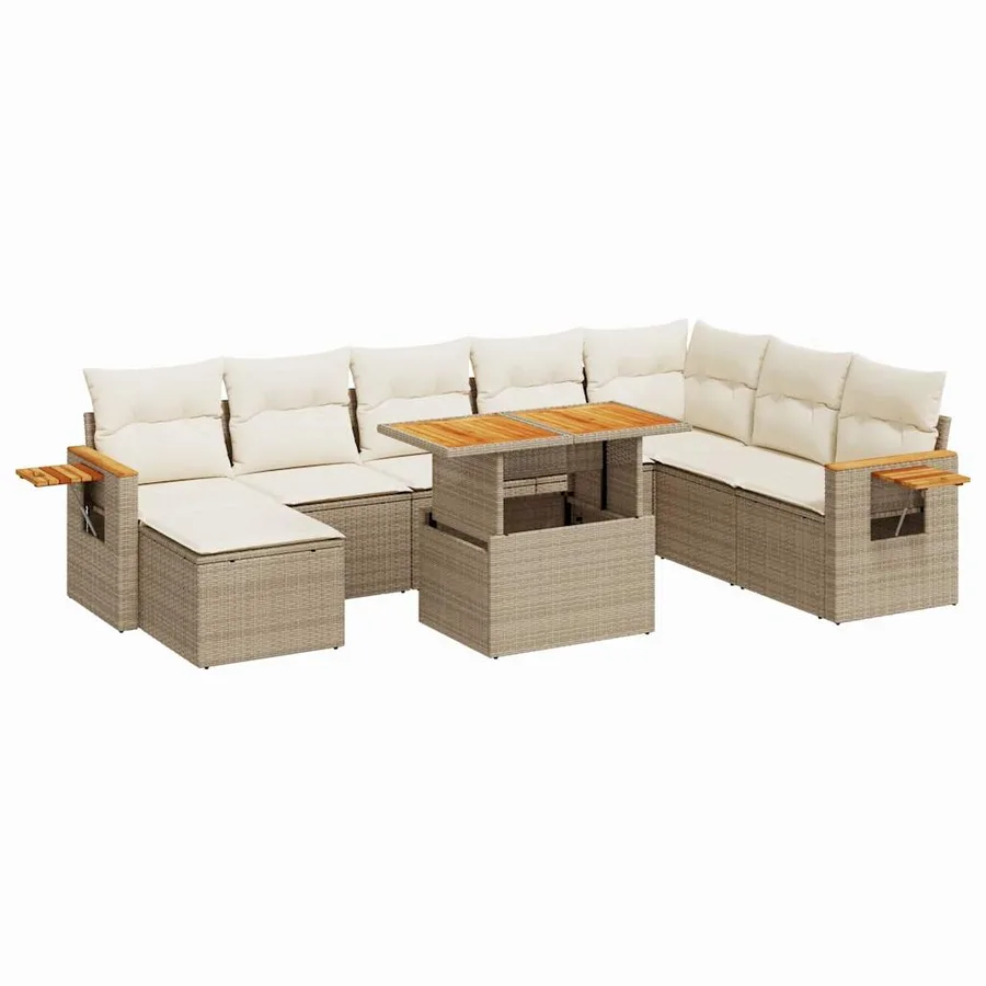 Salon de jardin avec coussins 9 pcs beige résine tressée acacia - 2