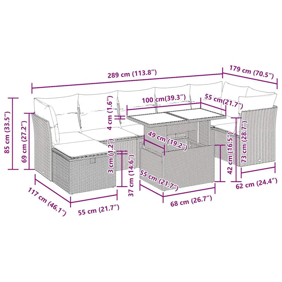 Salon de jardin 8 pcs avec coussins noir résine tressée - 15