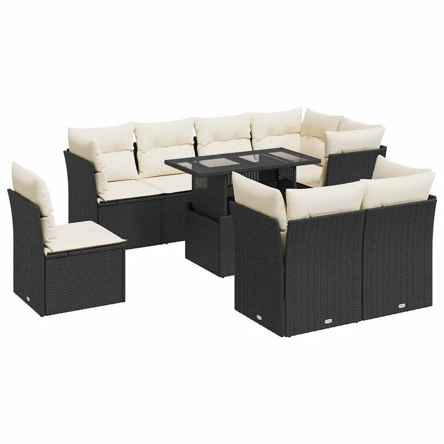 Salon de jardin 9 pcs avec coussins noir résine tressée - 2