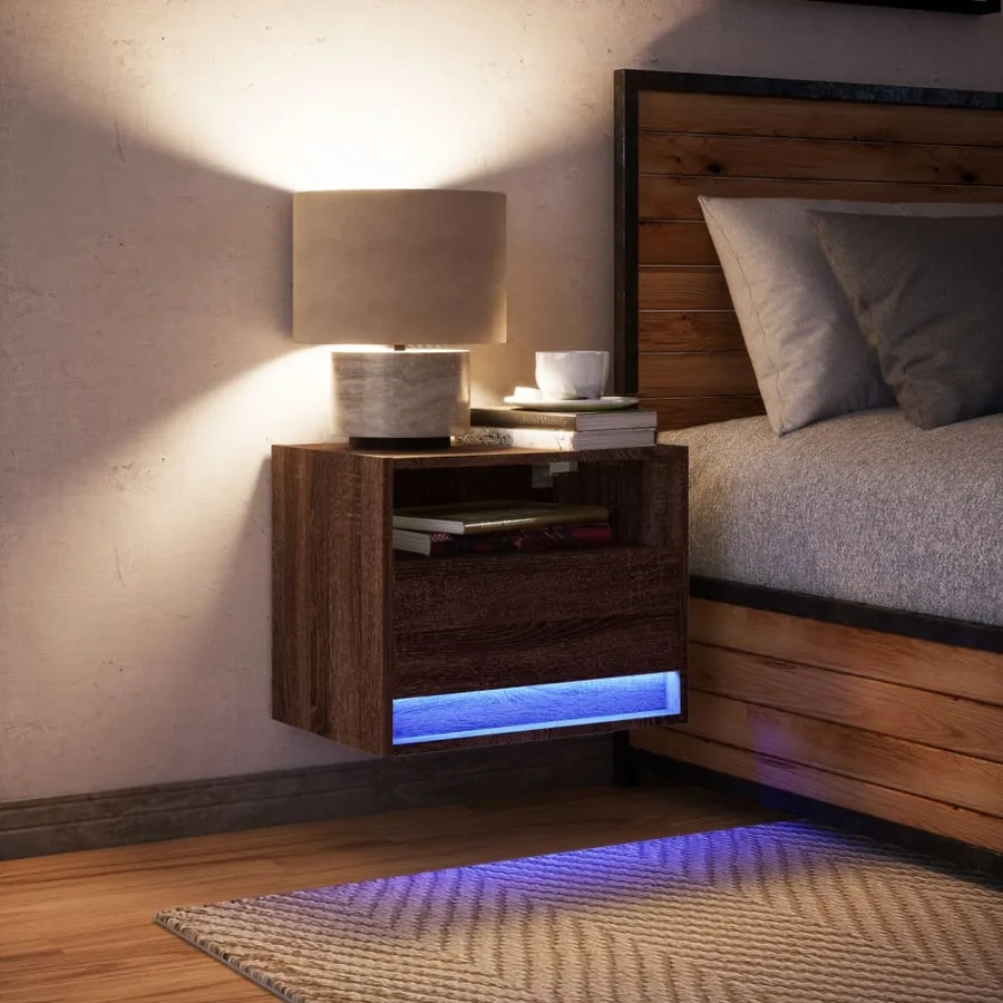Table de chevet murale avec lumières LED chêne marron - 5