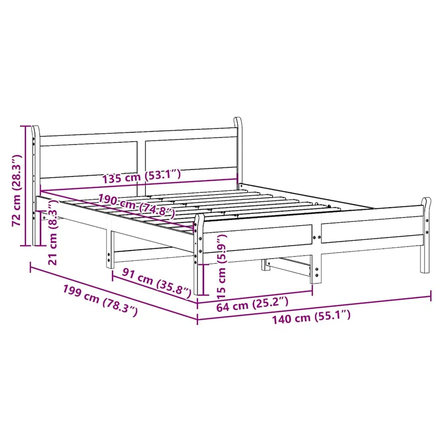 Cadre de lit sans matelas cire marron 135x190cm bois pin massif - 9
