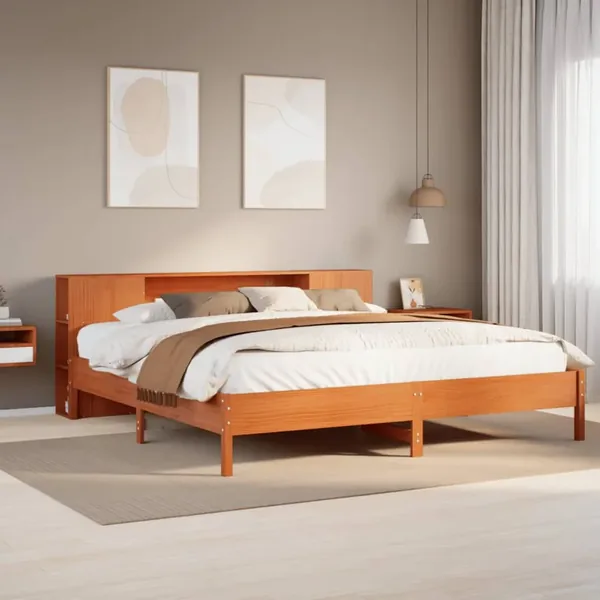 Lit bibliothèque sans matelas cire marron 200x200 cm pin massif