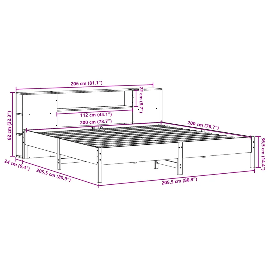 Lit bibliothèque sans matelas cire marron 200x200 cm pin massif - 11