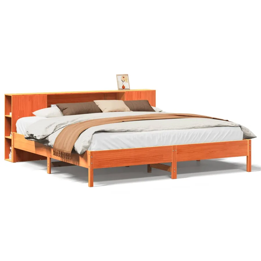 Lit bibliothèque sans matelas cire marron 200x200 cm pin massif - 2