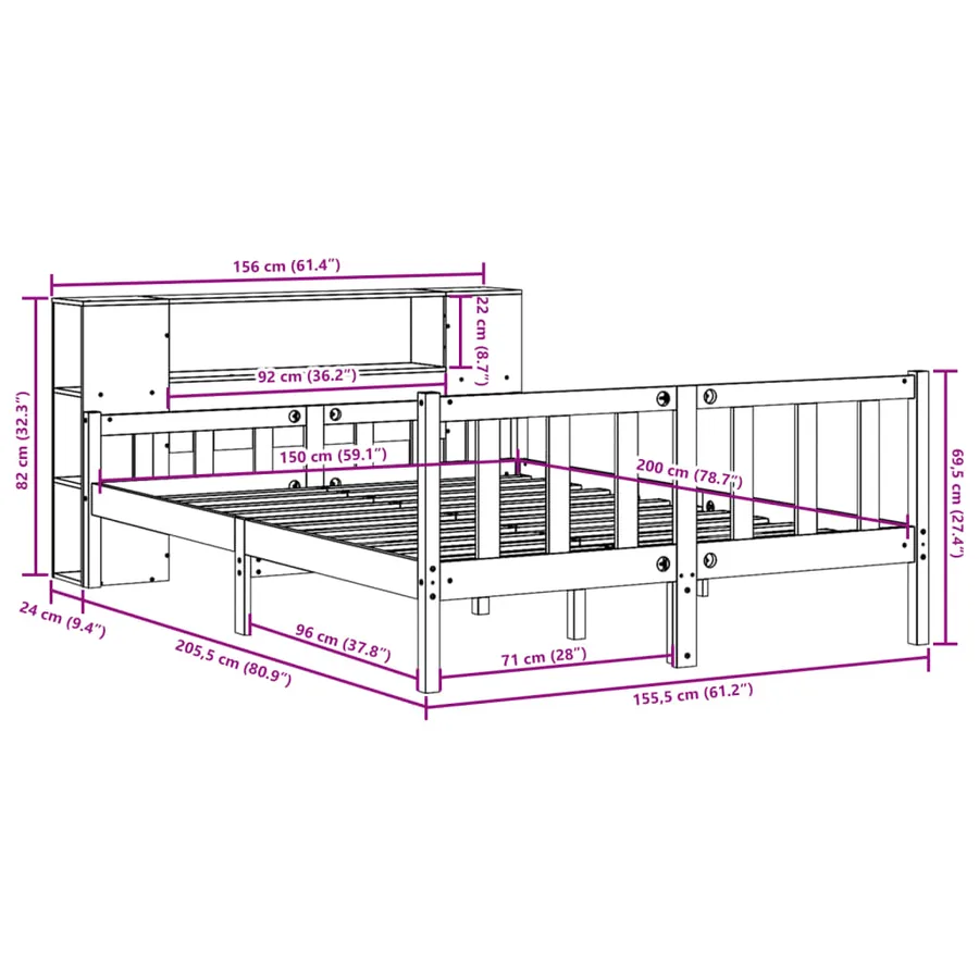 Lit bibliothèque sans matelas blanc 150x200 cm bois pin massif - 12
