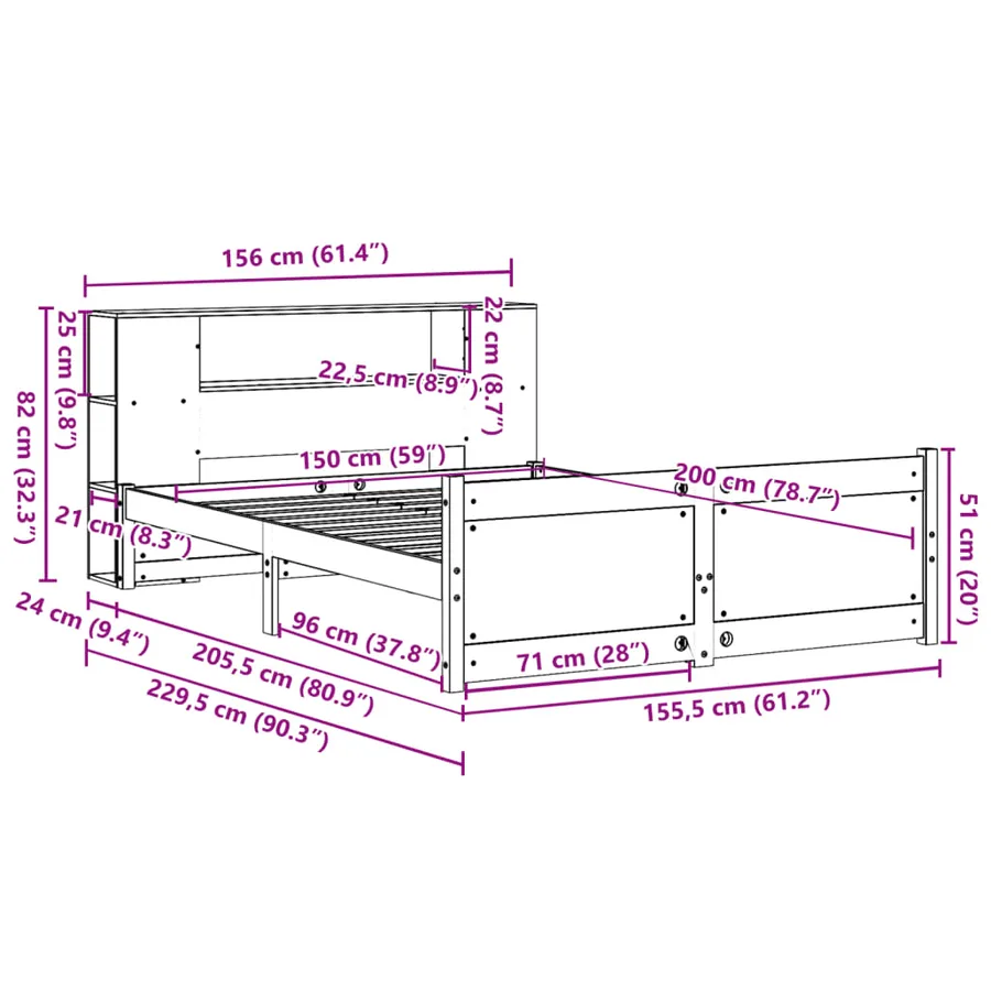 Lit bibliothèque sans matelas blanc 150x200 cm bois pin massif - 11