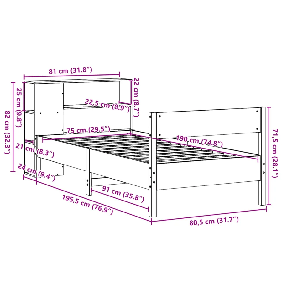 Lit bibliothèque sans matelas 75x190 cm bois de pin massif - 12