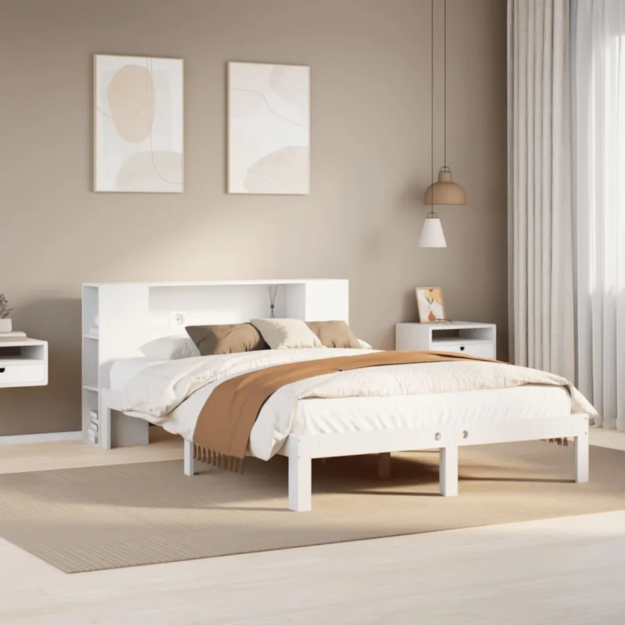 Lit bibliothèque sans matelas blanc 150x200 cm bois pin massif