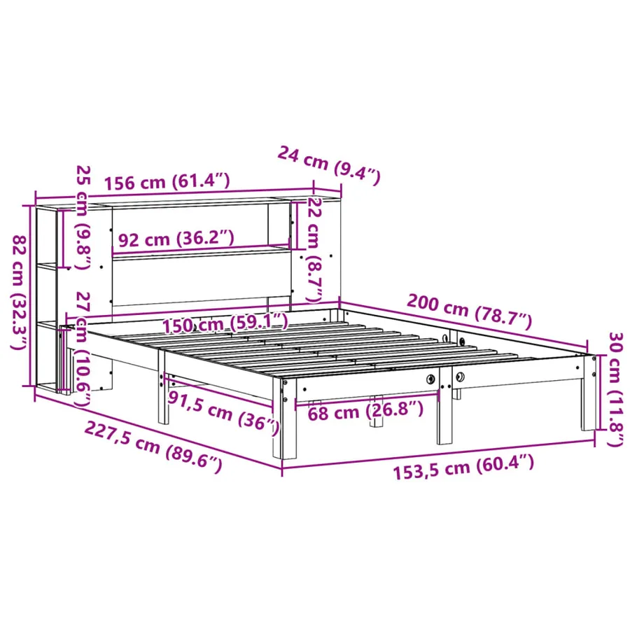 Lit bibliothèque sans matelas blanc 150x200 cm bois pin massif - 11
