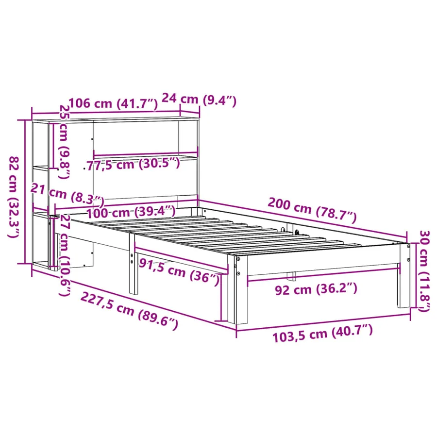 Lit bibliothèque sans matelas cire marron 100x200 cm pin massif - 11