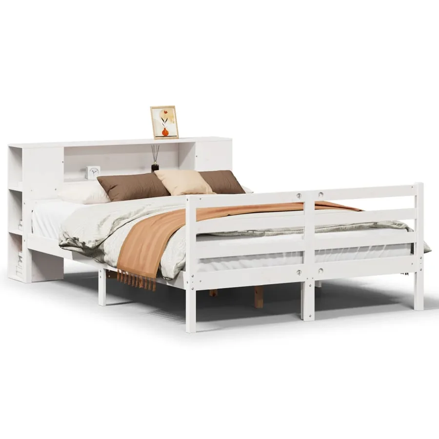 Lit bibliothèque sans matelas blanc 135x190 cm bois pin massif - 2