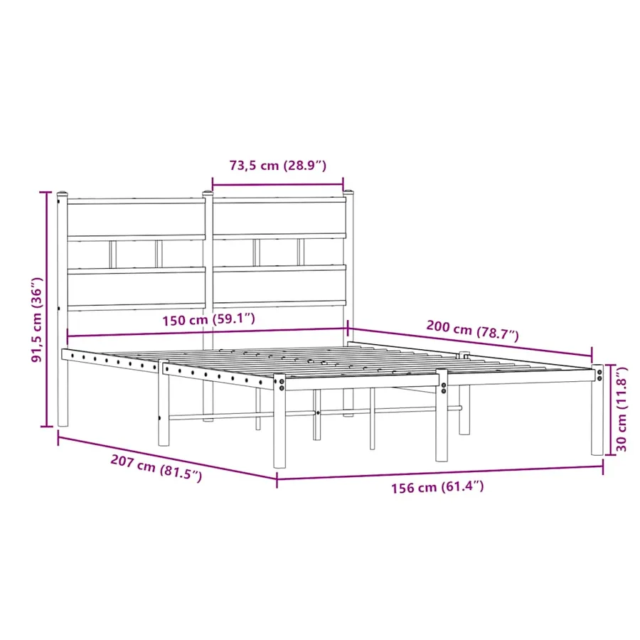 Cadre de lit en métal sans matelas chêne fumé 150x200 cm - 9