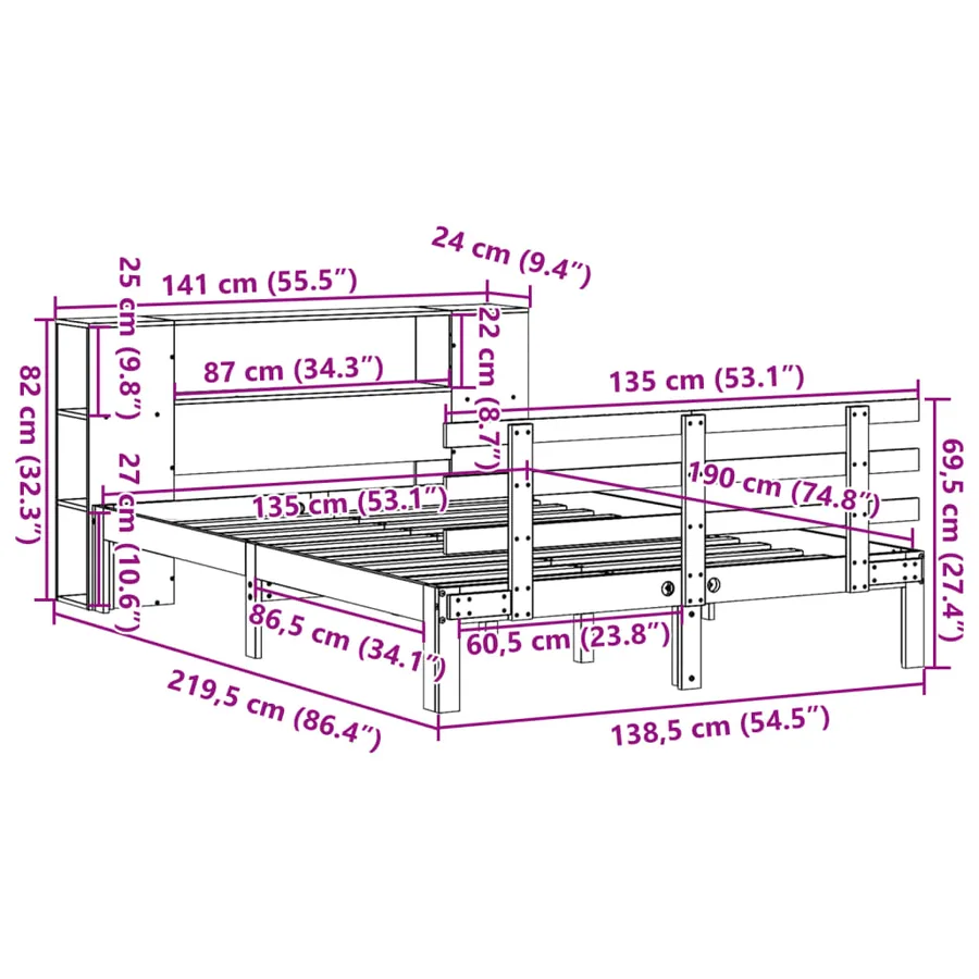 Lit bibliothèque sans matelas 135x190 cm bois de pin massif - 11
