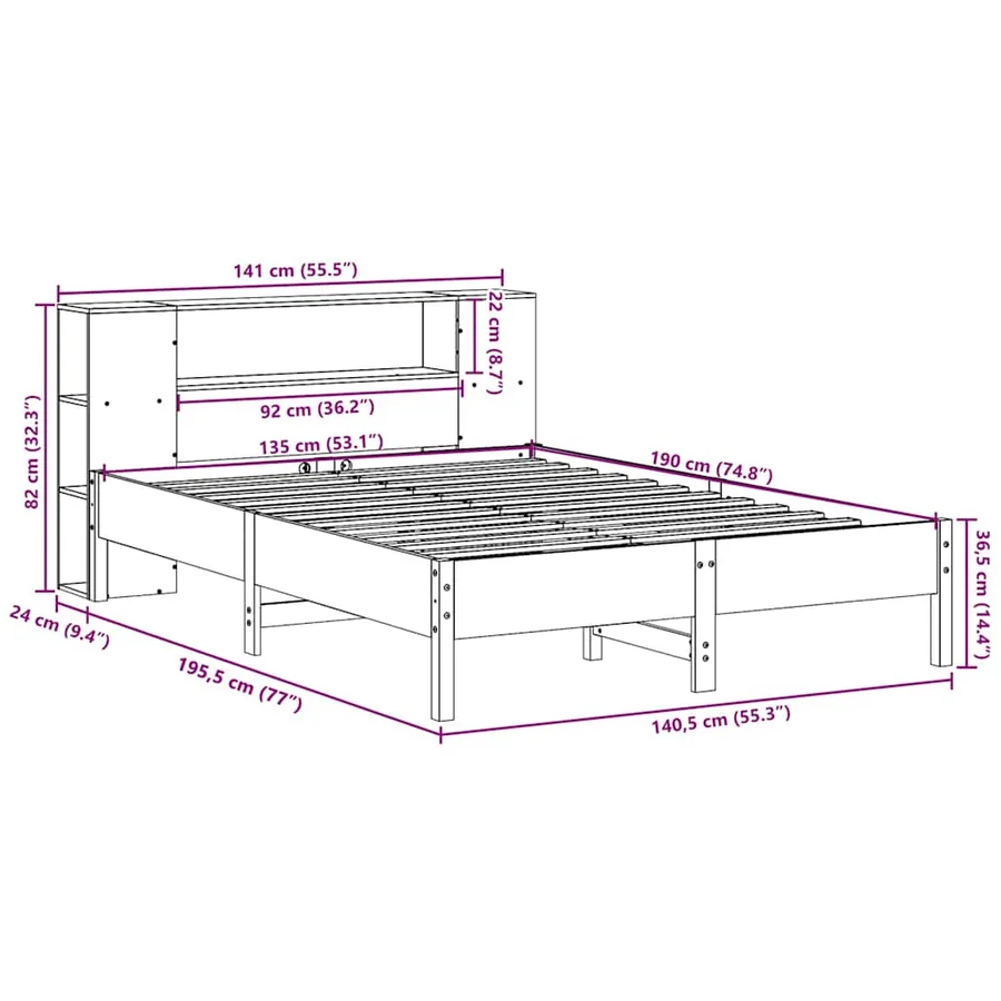 Lit bibliothèque sans matelas 135x190 cm bois de pin massif - 11