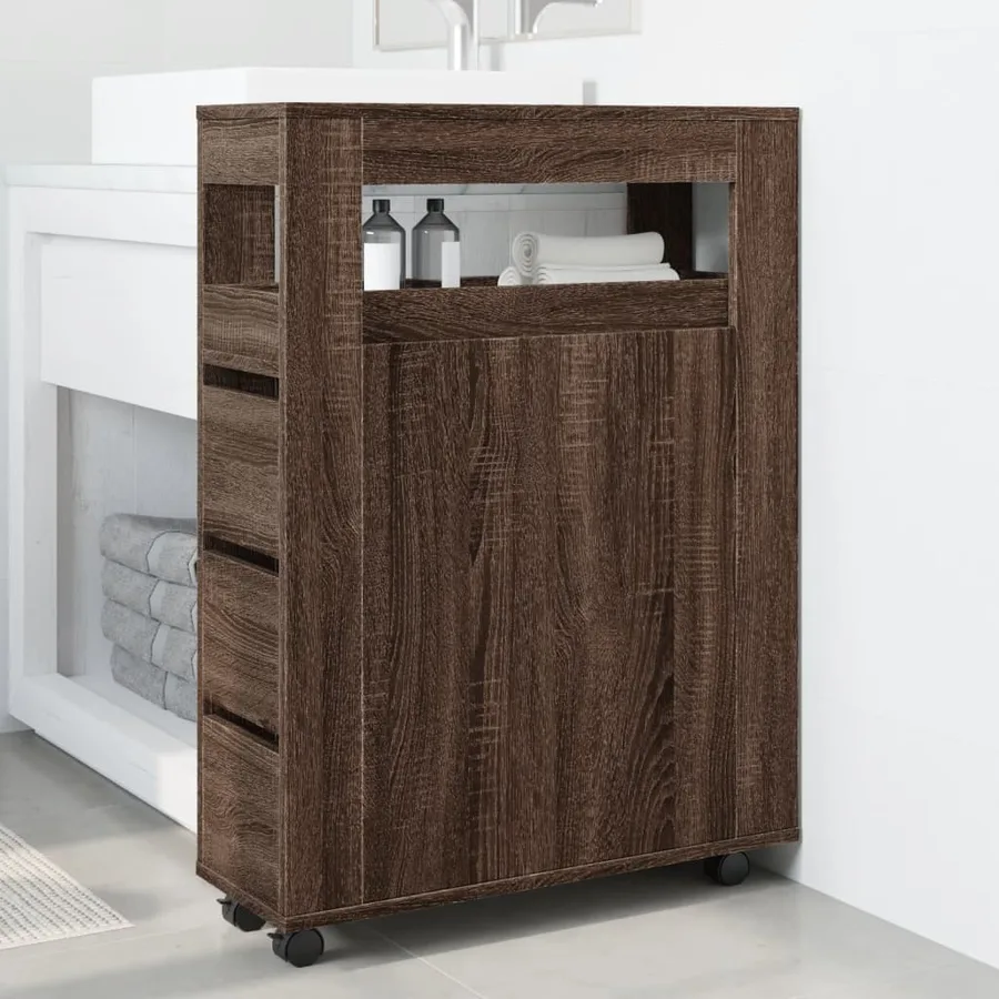 Meuble étroit de salle de bain à roulettes chêne marron - 3