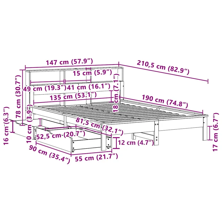 Lit bibliothèque sans matelas blanc 135x190 cm bois pin massif - 12