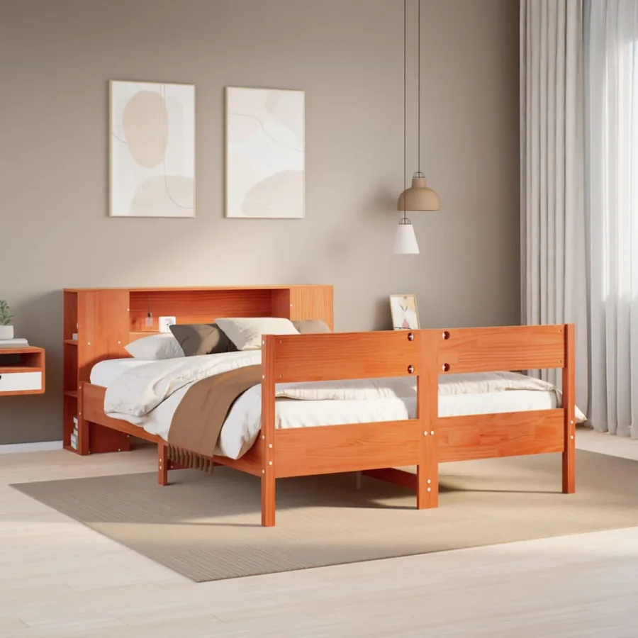 Lit bibliothèque sans matelas cire marron 150x200 cm pin massif