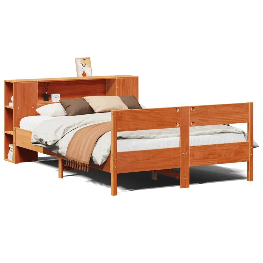 Lit bibliothèque sans matelas cire marron 150x200 cm pin massif - 2