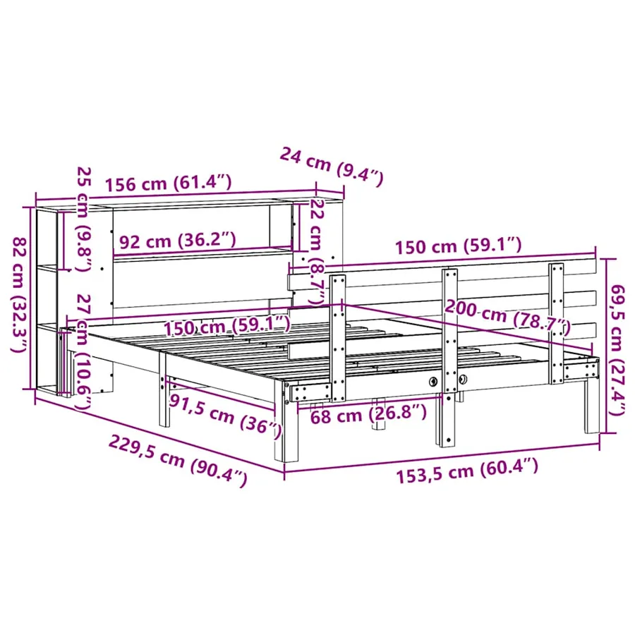 Lit bibliothèque sans matelas cire marron 150x200 cm pin massif - 11