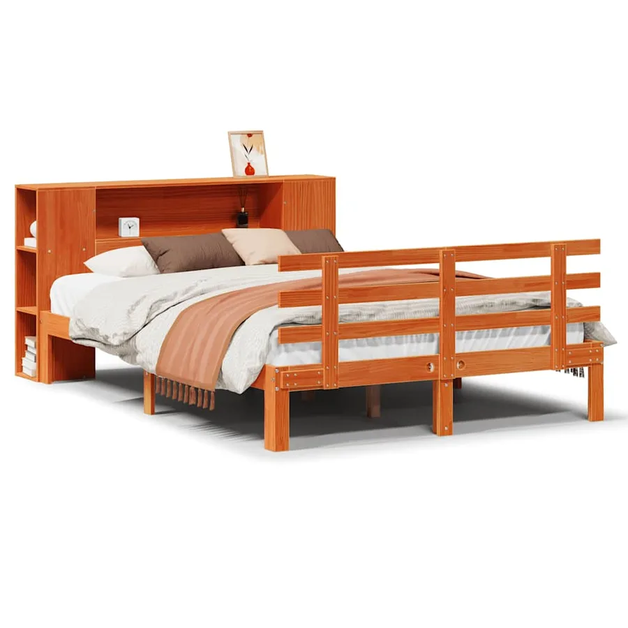Lit bibliothèque sans matelas cire marron 150x200 cm pin massif - 2