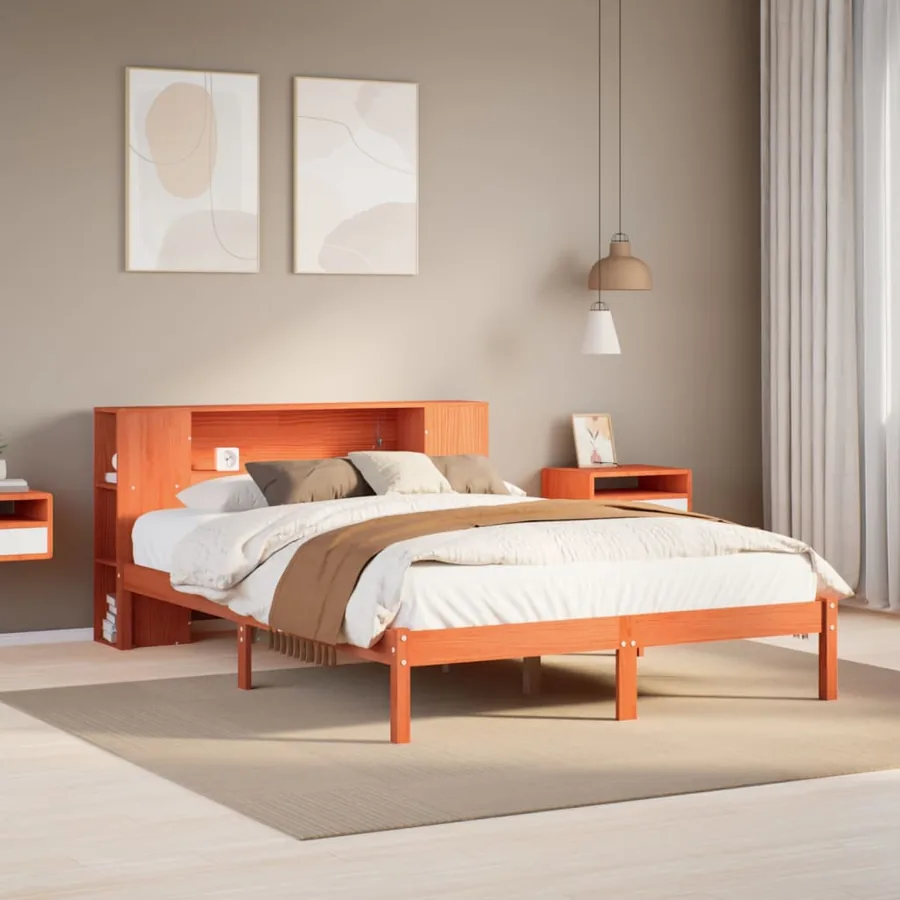 Lit bibliothèque sans matelas cire marron 140x190 cm pin massif