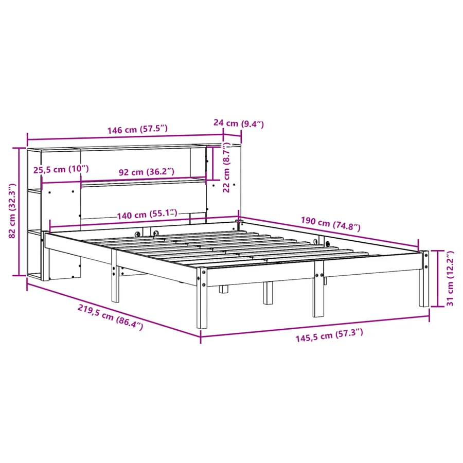 Lit bibliothèque sans matelas cire marron 140x190 cm pin massif - 12