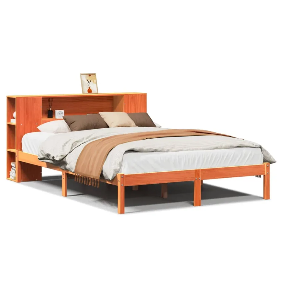 Lit bibliothèque sans matelas cire marron 140x190 cm pin massif - 2