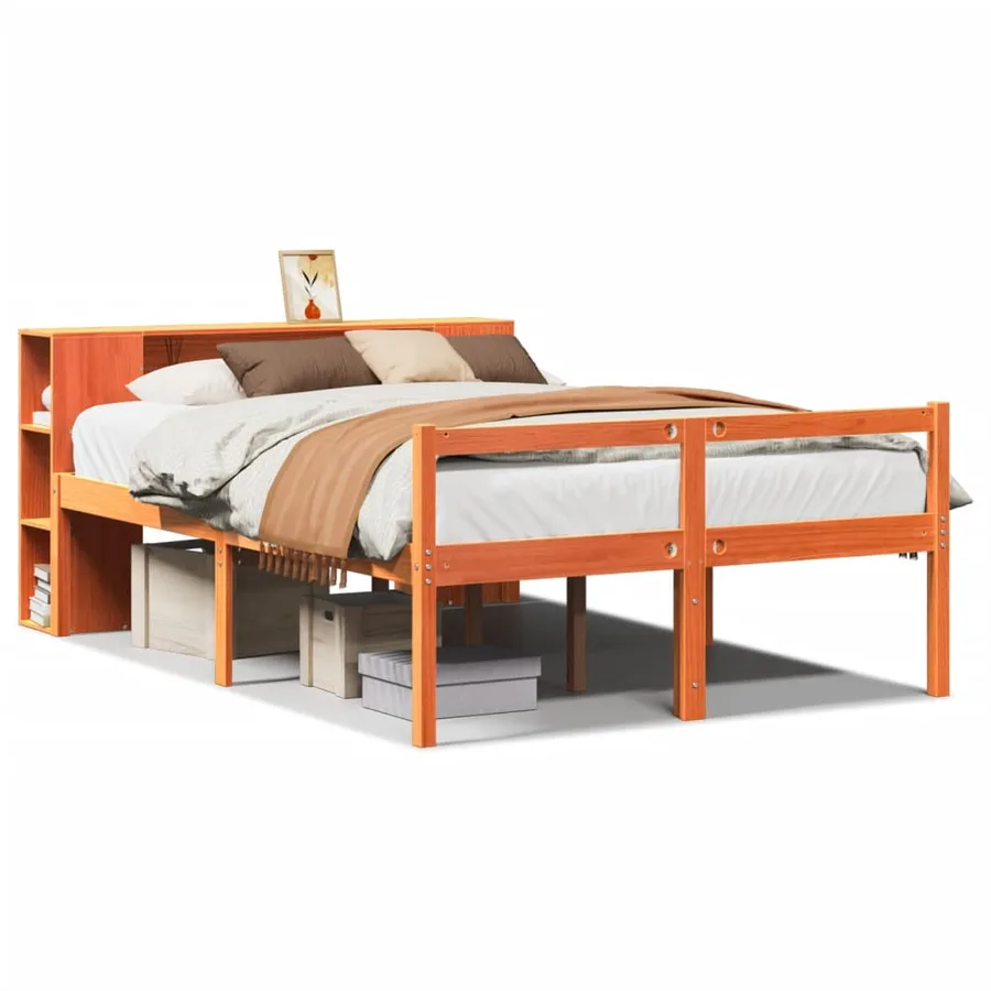 Lit bibliothèque sans matelas cire marron 150x200cm bois massif - 2