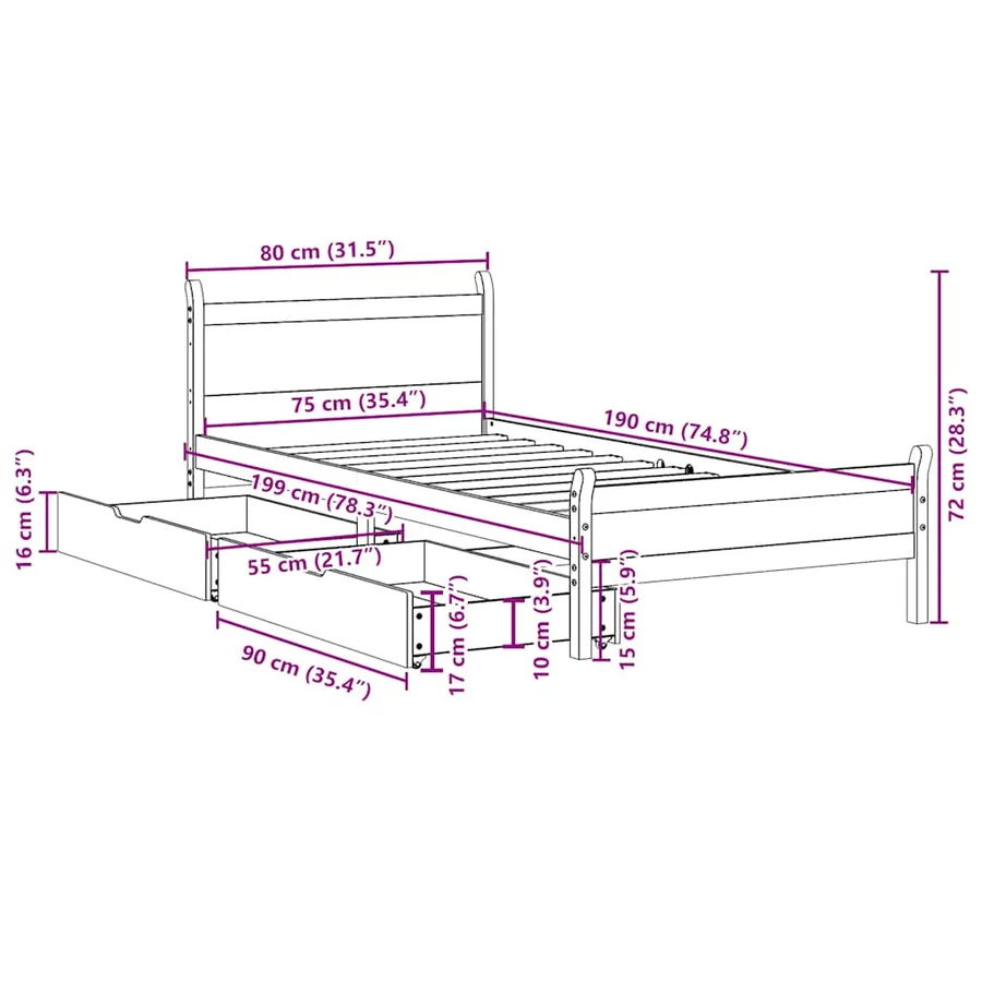 Cadre de lit sans matelas cire marron 75x190 cm bois pin massif - 12