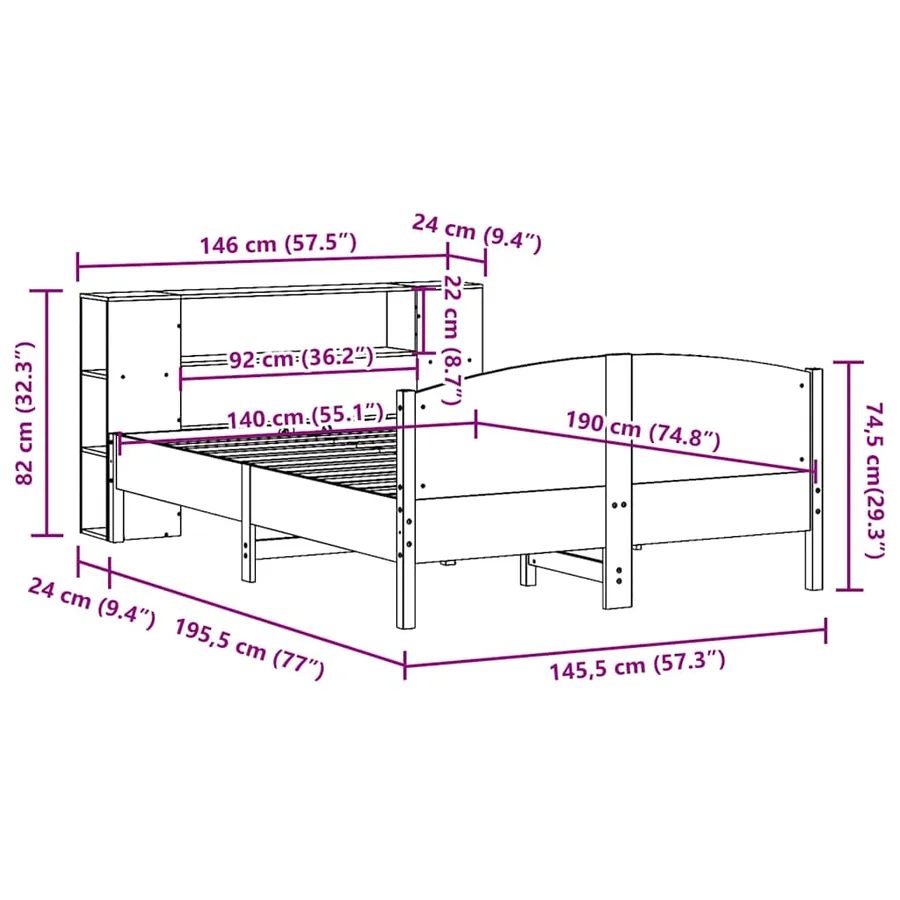 Lit bibliothèque sans matelas cire marron 140x190 cm pin massif - 12