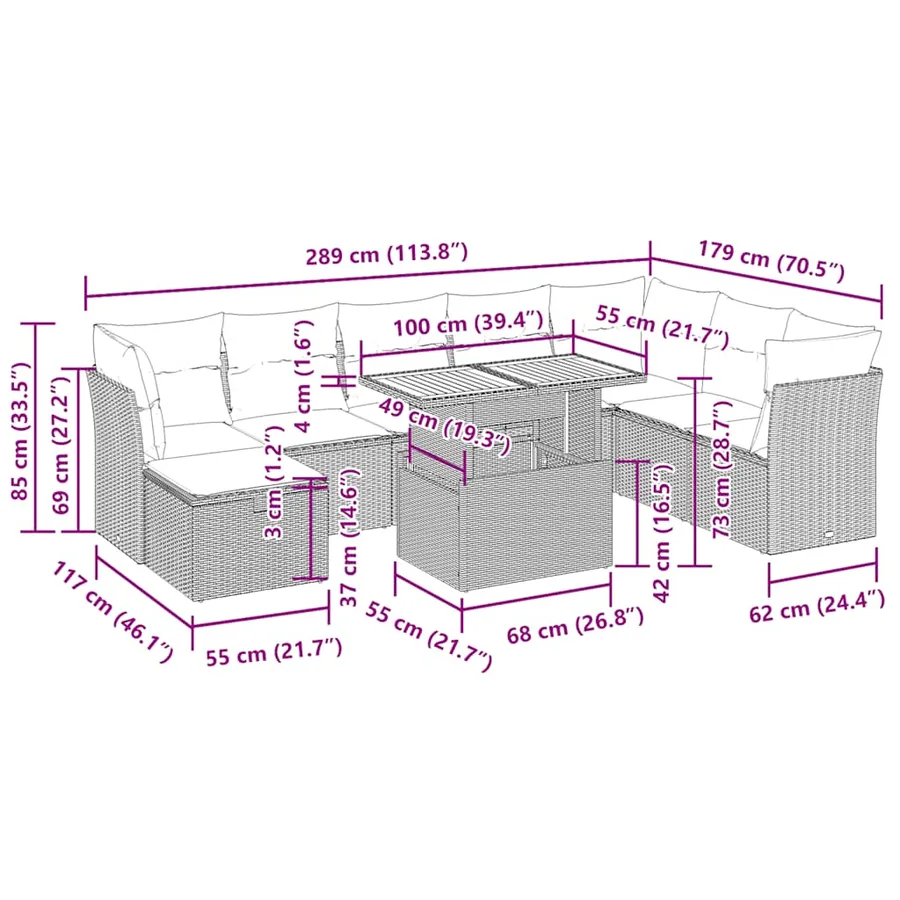 Salon de jardin avec coussins 9 pcs beige résine tressée acacia - 14