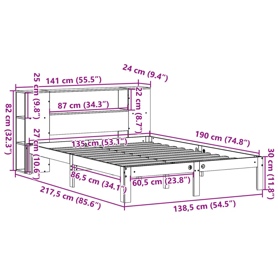 Lit bibliothèque sans matelas cire marron 135x190 cm pin massif - 11
