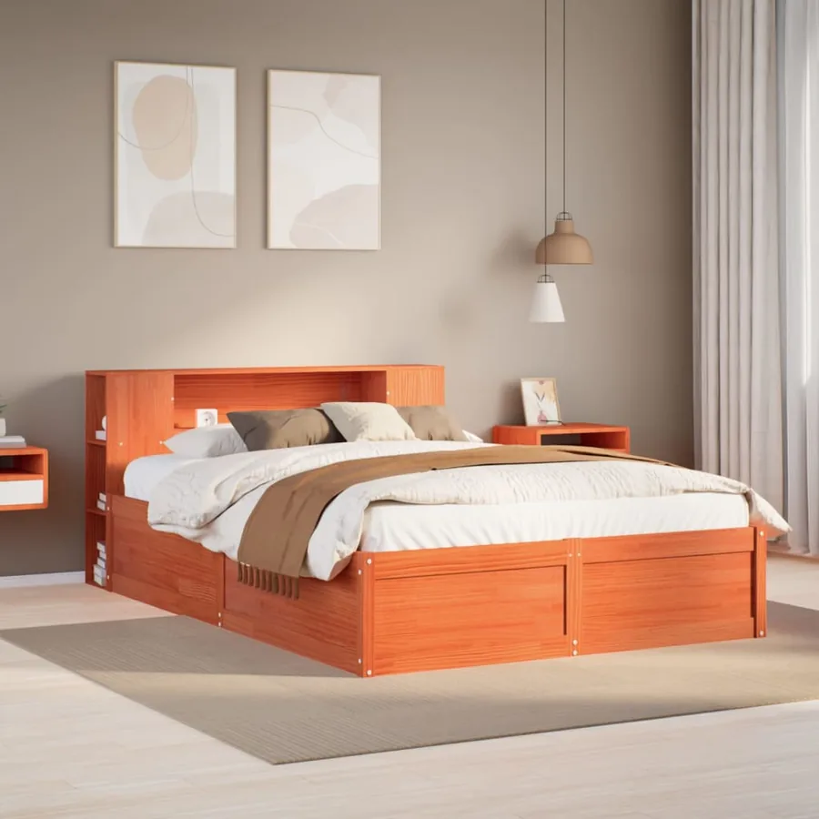 Cadre de lit sans matelas cire marron 135x190cm bois pin massif