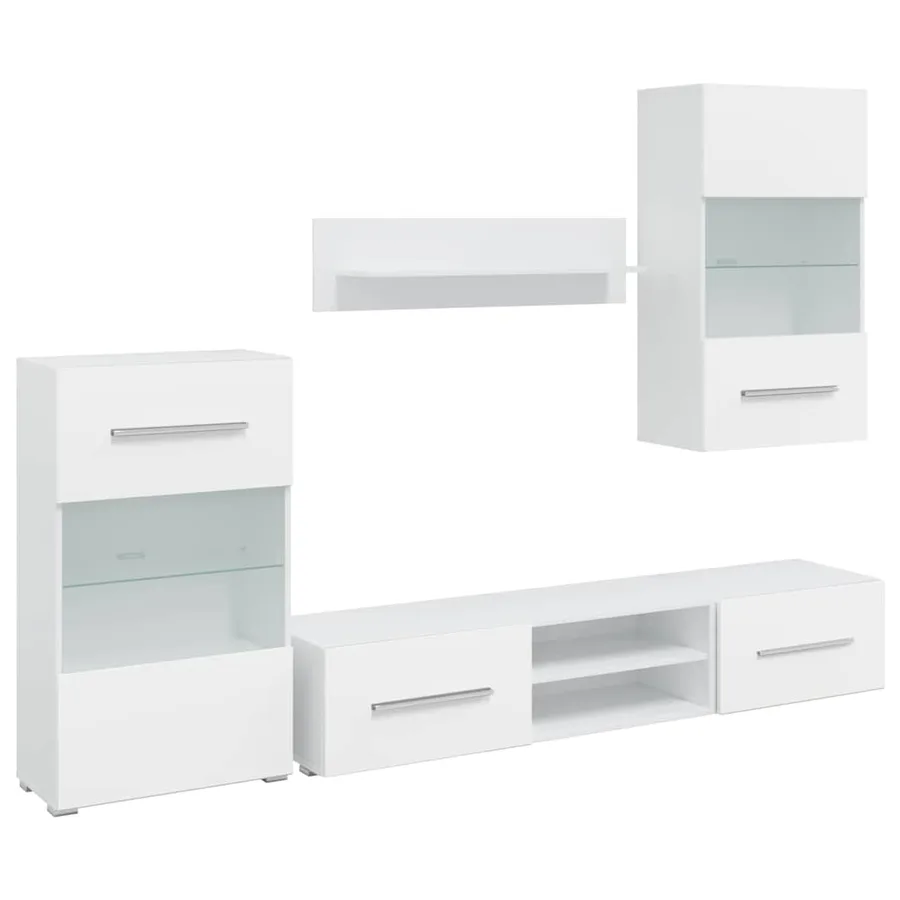Meubles TV 5 pcs avec lumière LED blanc mat bois d'ingénierie - 2