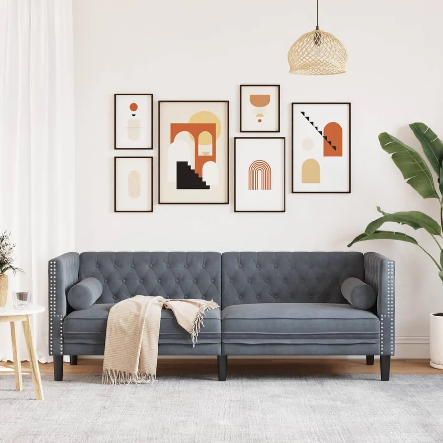 Canapé Chesterfield avec traversins 3 places gris foncé velours - 3