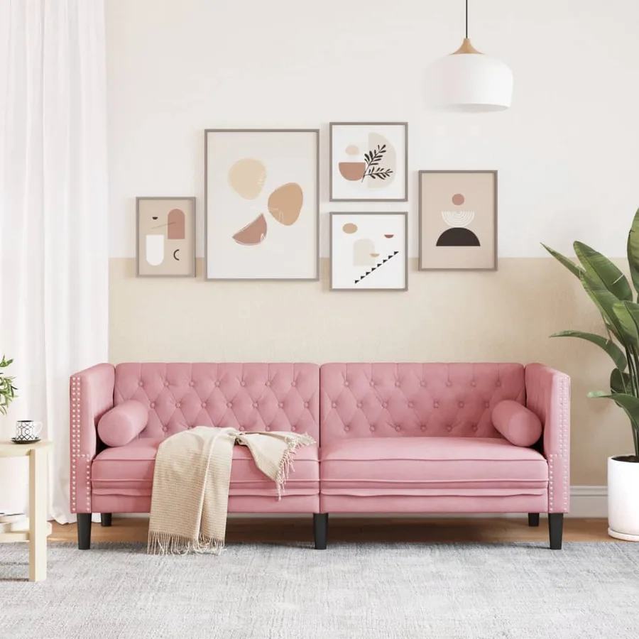 Canapé Chesterfield avec traversins 3 places rose velours - 3