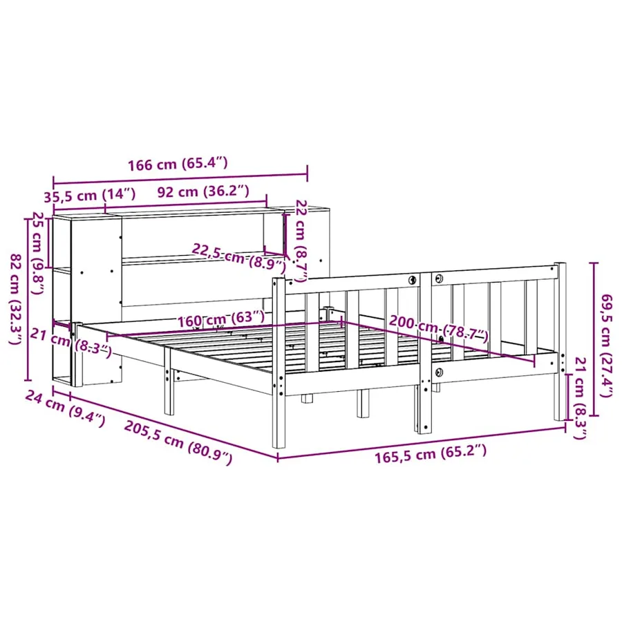 Lit bibliothèque sans matelas 160x200 cm bois massif de pin - 11