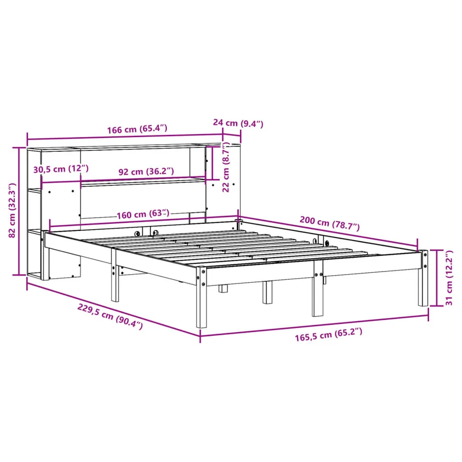 Lit bibliothèque sans matelas 160x200 cm bois massif de pin - 12