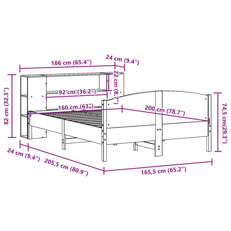 Lit bibliothèque sans matelas 160x200 cm bois massif de pin - 12