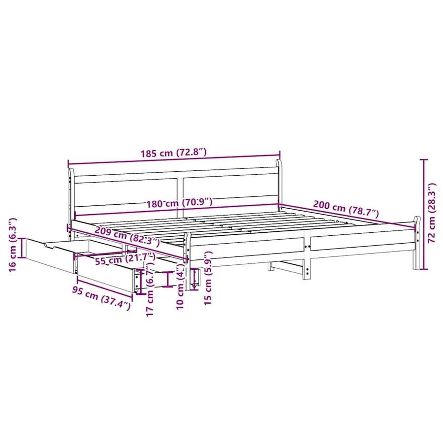 Cadre de lit sans matelas 180x200 cm bois massif de pin - 12