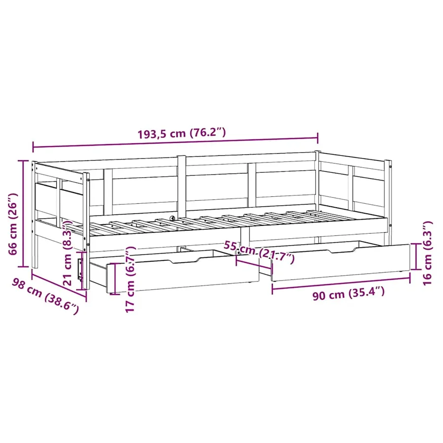 Lit de jour avec tiroirs sans matelas 90x190 cm bois massif - 12