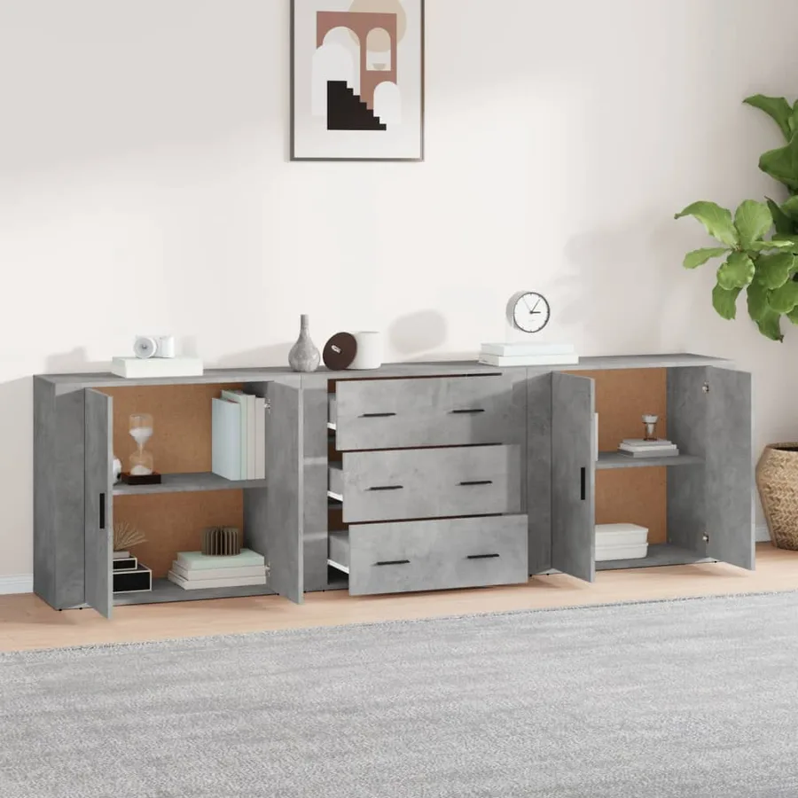 Buffets 3 pcs gris béton bois d'ingénierie - 3