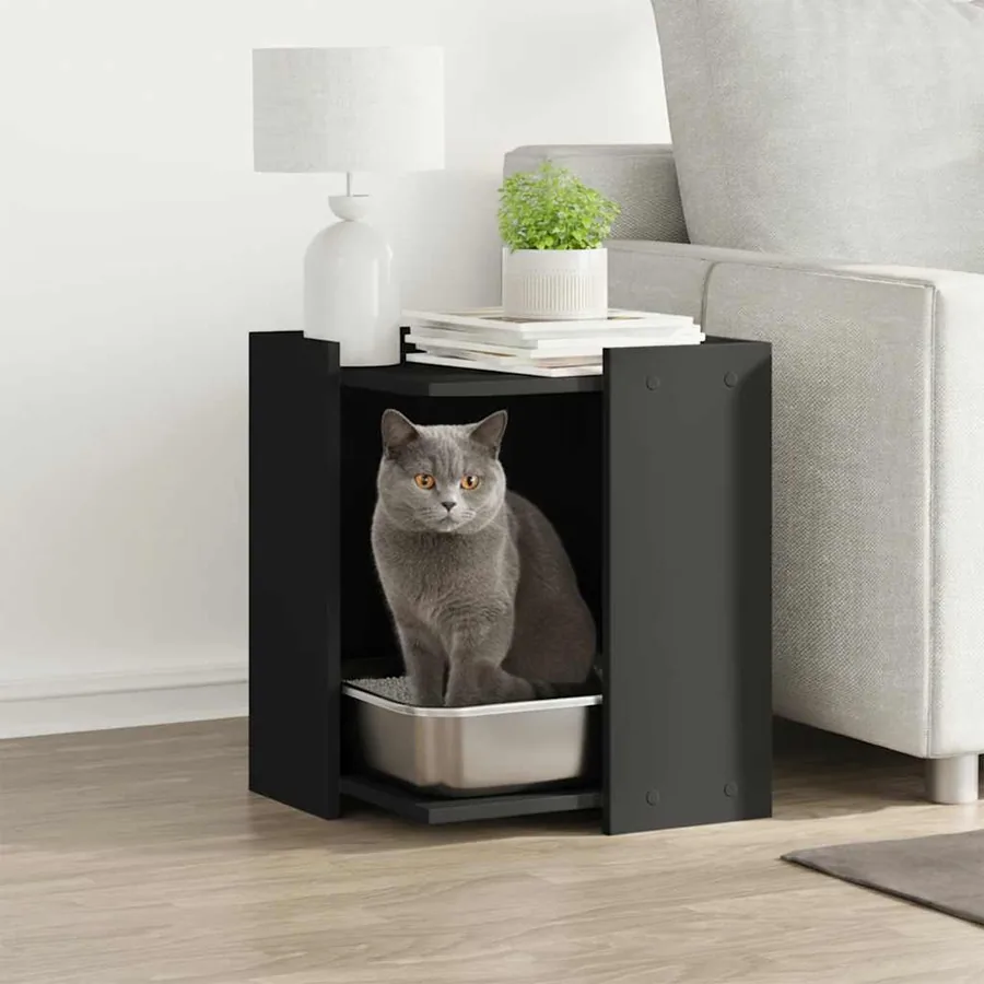 Meuble de bac à litière pour chat noir bois d'ingénierie