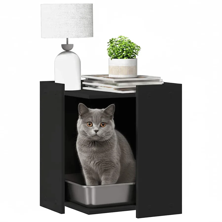 Meuble de bac à litière pour chat noir bois d'ingénierie - 3
